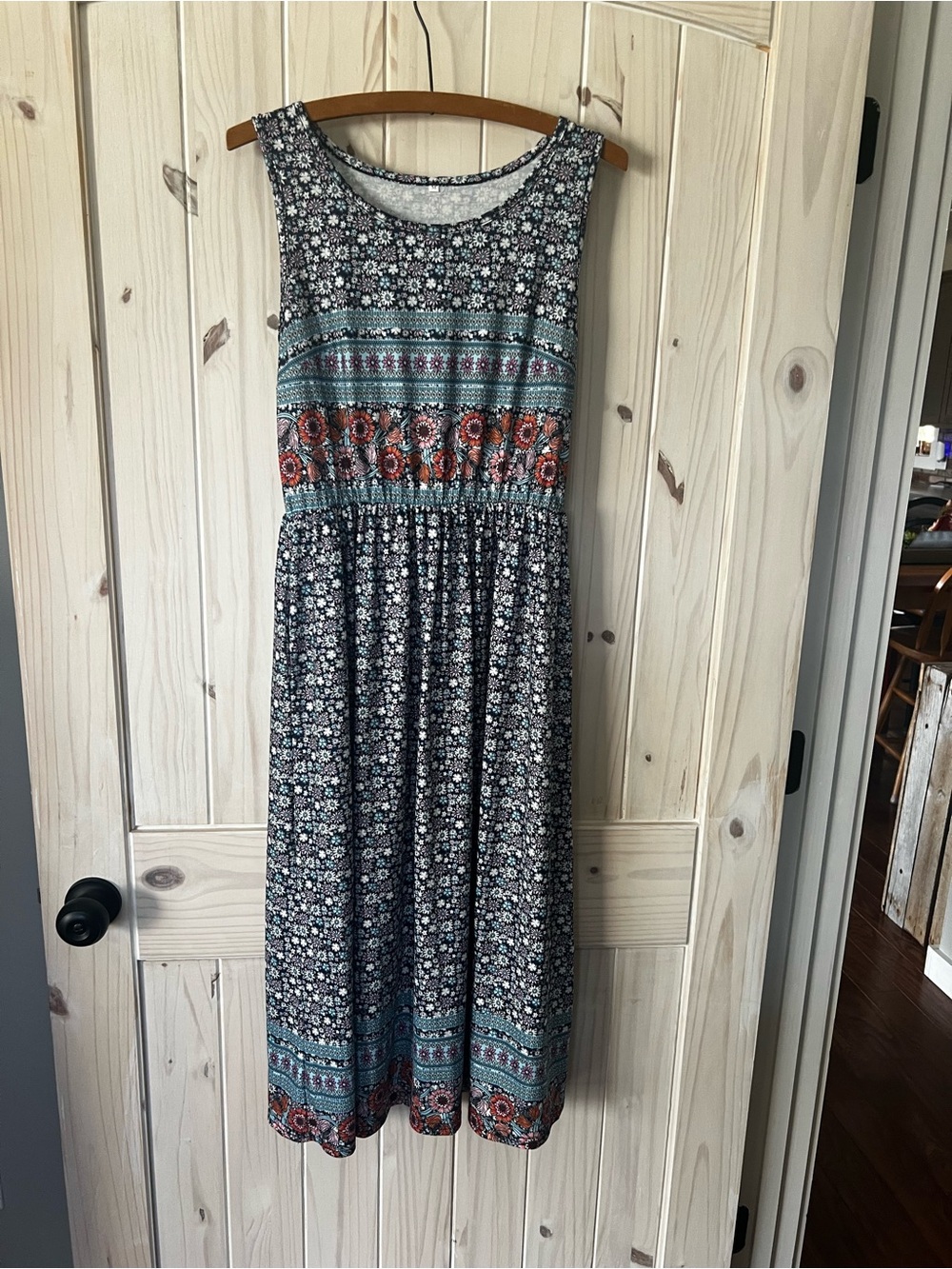 Sleeveless Floral Border Boho Midi Dress